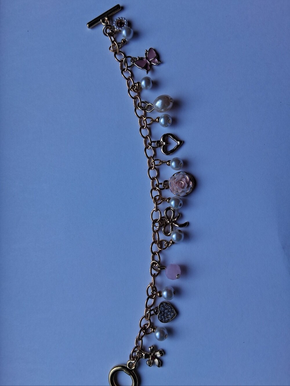 Gold Charm Bracelet with Pink Accents and Pearls - Women Jewelry